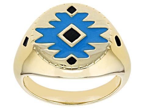 Pre-Owned Blue and Black Enamel 18k Gold Over Silver Signet Ring