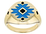 Pre-Owned Blue and Black Enamel 18k Gold Over Silver Signet Ring