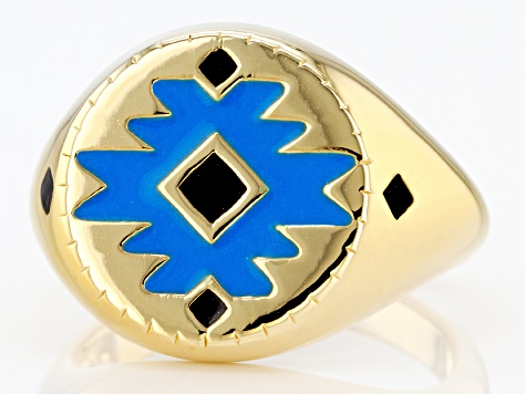 Pre-Owned Blue and Black Enamel 18k Gold Over Silver Signet Ring
