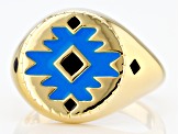 Pre-Owned Blue and Black Enamel 18k Gold Over Silver Signet Ring