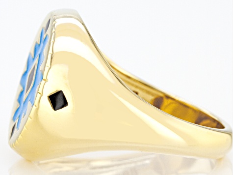 Pre-Owned Blue and Black Enamel 18k Gold Over Silver Signet Ring