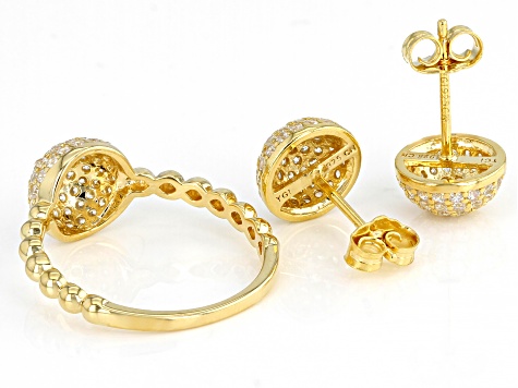 Pre-Owned White Cubic Zirconia 18K Yellow Gold Over Sterling Silver Ring And Earring Set 2.11ctw