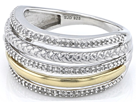 Pre-Owned White Diamond Platinum & 14k Yellow Gold Over Sterling Silver Multi-Row Ring 0.25ctw