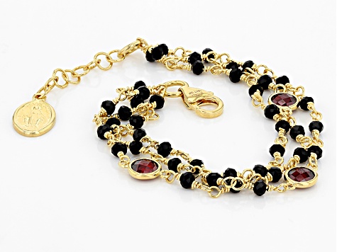 Pre-Owned Black And Red Glass Bead 18k Yellow Gold Over Bronze Bracelet 8 inch