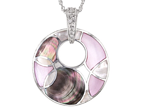 Pre-Owned Multi-Color South Sea & Tahitian Mother-of-Pearl & White Zircon Rhodium Over Silver Pendan