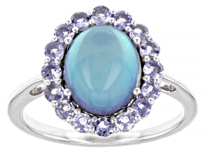 Pre-Owned Aurora Moonstone With Tanzanite Rhodium Over Sterling Silver Halo Ring .57ctw