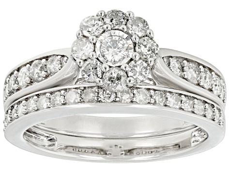 Pre-Owned White Diamond Rhodium Over Sterling Silver Cluster Ring And Matching Band 1.00ctw