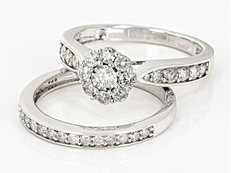 Pre-Owned White Diamond Rhodium Over Sterling Silver Cluster Ring And Matching Band 1.00ctw