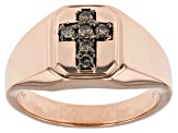 Pre-Owned Champagne Diamond 18k Rose Gold Over Sterling Silver Mens Cross Ring 0.15ctw