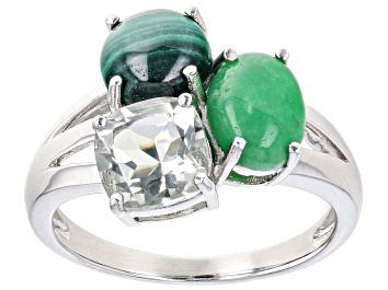 Picture of Pre-Owned Green Jadeite Rhodium Over Sterling Silver 3-Stone Ring 1.40ct