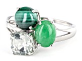 Pre-Owned Green Jadeite Rhodium Over Sterling Silver 3-Stone Ring 1.40ct