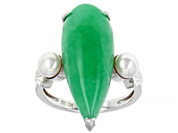 Picture of Pre-Owned Jadeite & Cultured Freshwater Pearl Rhodium Over Sterling Silver Ring