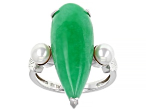 Pre-Owned Jadeite & Cultured Freshwater Pearl Rhodium Over Sterling Silver Ring