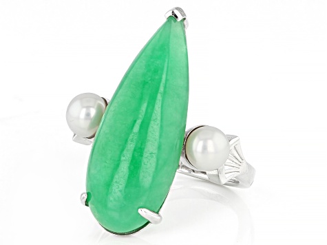 Pre-Owned Jadeite & Cultured Freshwater Pearl Rhodium Over Sterling Silver Ring