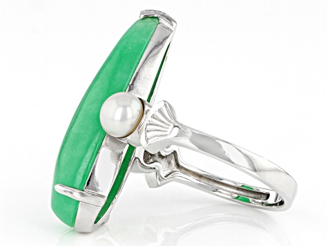 Pre-Owned Jadeite & Cultured Freshwater Pearl Rhodium Over Sterling Silver Ring