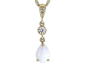 Pre-Owned White Lab Created Opal 10k Yellow Gold Pendant with Chain 0.54ctw