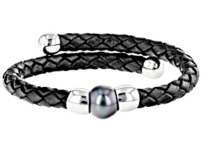 Pre-Owned Cultured Tahitian Pearl Rhodium Over Sterling Silver & Black Leather Bypass Bracelet