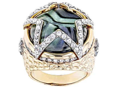 Pre-Owned Multi-Color Abalone & Crystal Gold Tone Dome Ring