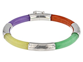 Pre-Owned Multi-Color Jadeite Rhodium Over Sterling Silver Bangle Bracelet