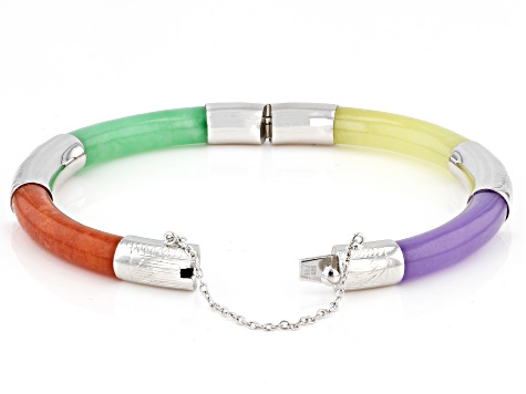 Pre-Owned Multi-Color Jadeite Rhodium Over Sterling Silver Bangle Bracelet