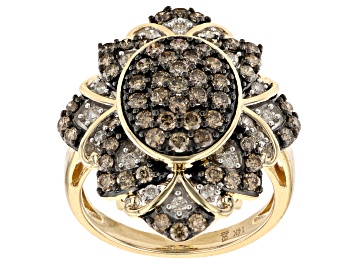 Picture of Pre-Owned Champagne And White Diamond 14k Yellow Gold Cluster Ring 1.50ctw