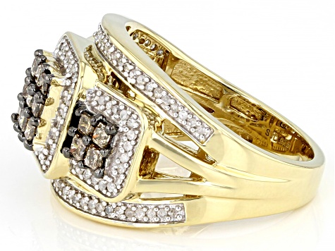Pre-Owned Champagne And White Diamond 14k Yellow Gold Over Sterling Silver Quad Ring 1.00ctw