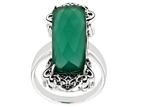 Pre-Owned Green Onyx Rhodium Over Sterling Silver Ring 7.48ct