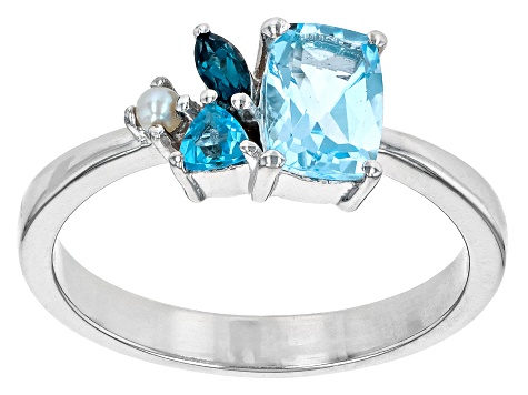 Pre-Owned Sky Blue Topaz With Multi-Gemstone Rhodium Over Sterling Silver Ring 1.06ctw