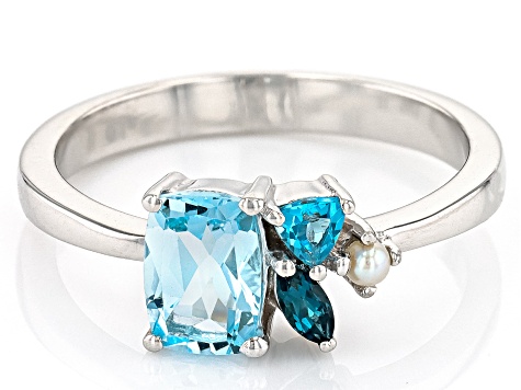 Pre-Owned Sky Blue Topaz With Multi-Gemstone Rhodium Over Sterling Silver Ring 1.06ctw