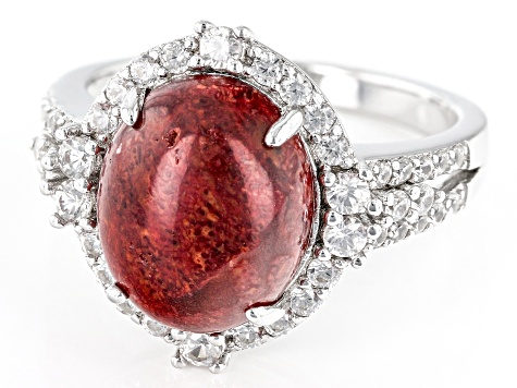 Pre-Owned Red Coral Rhodium Over Sterling Silver Ring 0.92ctw