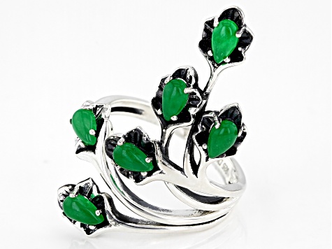 Pre-Owned Green Jadeite Rhodium Over Sterling Silver Leaf Ring