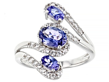 Picture of Pre-Owned Blue Tanzanite Rhodium Over Sterling Silver 3-Stone Ring 1.82ctw
