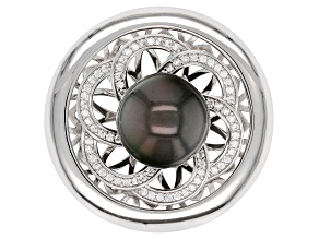Pre-Owned Cultured Tahitian Pearl With White Zircon Rhodium Over Sterling Silver Enhancer