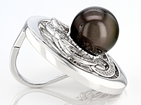 Pre-Owned Cultured Tahitian Pearl With White Zircon Rhodium Over Sterling Silver Enhancer