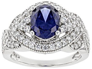 Picture of Pre-Owned Blue And White Cubic Zirconia Rhodium Over Sterling Silver Ring 4.05ctw