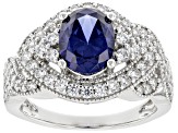 Pre-Owned Blue And White Cubic Zirconia Rhodium Over Sterling Silver Ring 4.05ctw