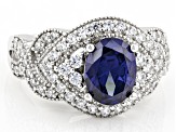 Pre-Owned Blue And White Cubic Zirconia Rhodium Over Sterling Silver Ring 4.05ctw