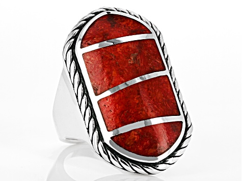 Pre-Owned Red Coral Inlay Sterling Silver Ring
