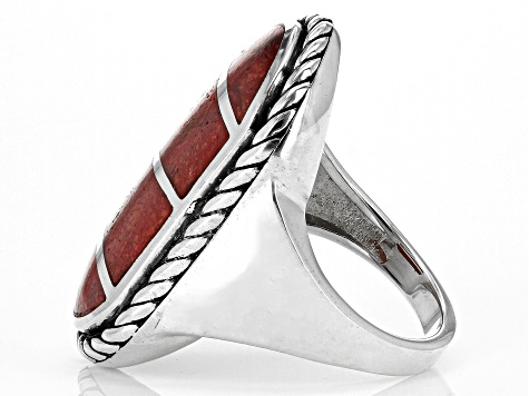 Pre-Owned Red Coral Inlay Sterling Silver Ring