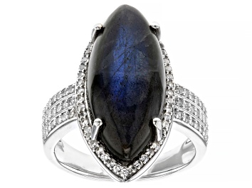 Picture of Pre-Owned Gray Labradorite With White Zircon Rhodium Over Sterling Silver Ring 1.37ctw