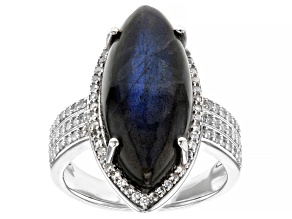 Pre-Owned Gray Labradorite With White Zircon Rhodium Over Sterling Silver Ring 1.37ctw