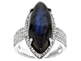 Pre-Owned Gray Labradorite With White Zircon Rhodium Over Sterling Silver Ring 1.37ctw