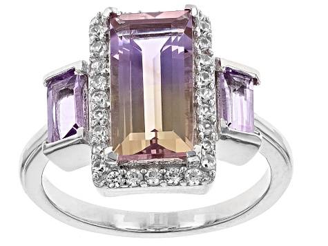 Pre-Owned Bi-Color Ametrine With Amethyst & White Zircon Rhodium Over Sterling Silver Ring 3.17ctw