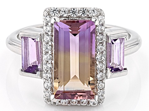 Pre-Owned Bi-Color Ametrine With Amethyst & White Zircon Rhodium Over Sterling Silver Ring 3.17ctw