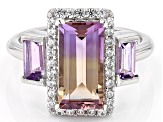 Pre-Owned Bi-Color Ametrine With Amethyst & White Zircon Rhodium Over Sterling Silver Ring 3.17ctw