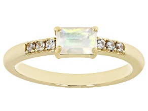 Pre-Owned Multi Color Ethiopian Opal with White Zircon 18k Gold Over Silver October Birthstone Ring