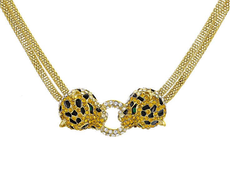 Pre-Owned Multicolor Crystal Black Enamel Gold Tone Jaguar Necklace