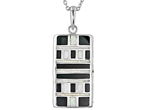 Pre-Owned Multi-Color Lab Created Opal, Onyx Rhodium Over Silver Enhancer With Chain .74ctw