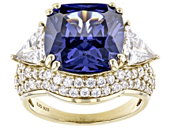 Picture of Pre-Owned Blue and White Cubic Zirconia 18k Yellow Gold Over Sterling Silver Ring 12.79ctw