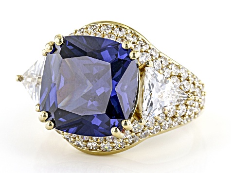 Pre-Owned Blue and White Cubic Zirconia 18k Yellow Gold Over Sterling Silver Ring 12.79ctw